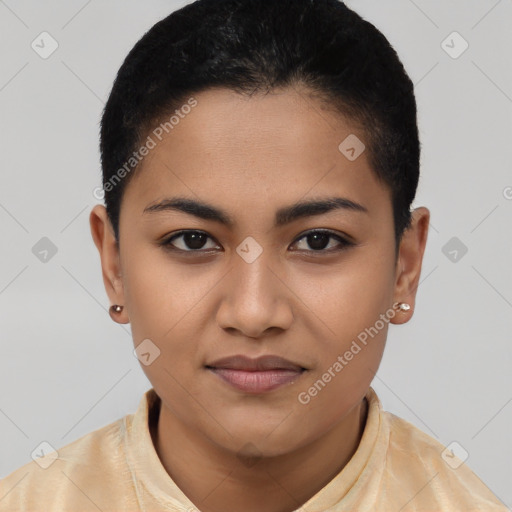 Joyful latino young-adult female with short  brown hair and brown eyes