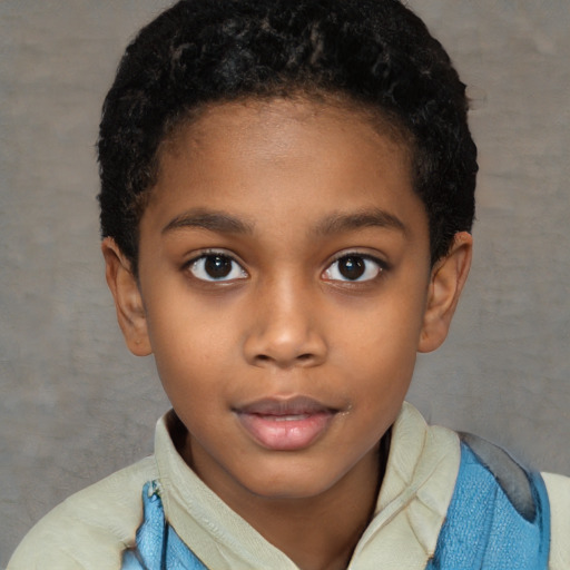 Joyful black child female with short  brown hair and brown eyes