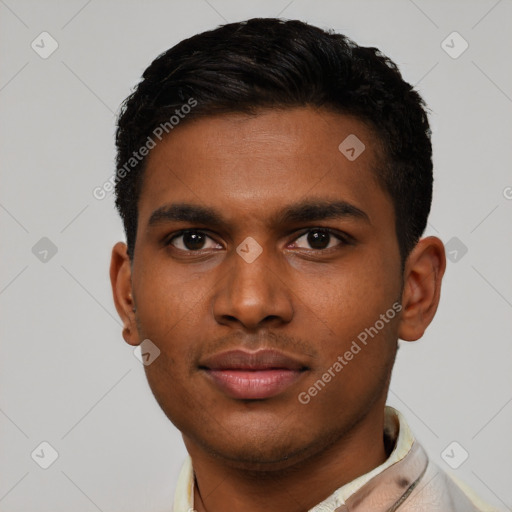 Neutral latino young-adult male with short  brown hair and brown eyes