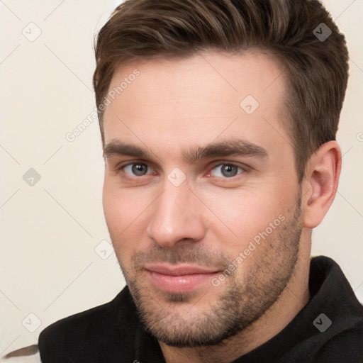 Neutral white young-adult male with short  brown hair and brown eyes