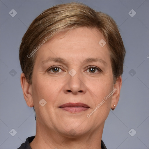 Joyful white adult female with short  brown hair and grey eyes