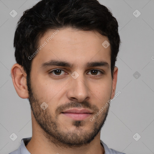 Neutral white young-adult male with short  brown hair and brown eyes