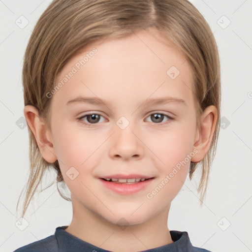 Joyful white child female with medium  brown hair and brown eyes