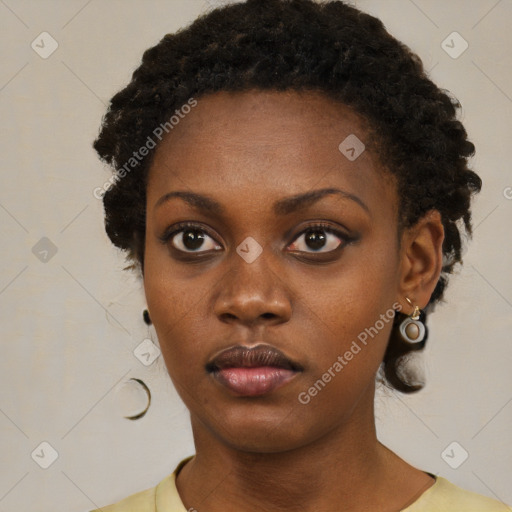 Neutral black young-adult female with short  black hair and brown eyes