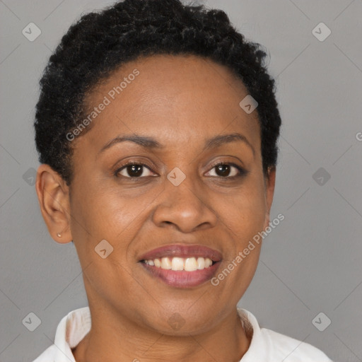 Joyful black adult female with short  brown hair and brown eyes