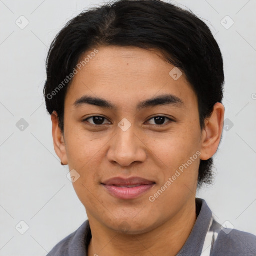 Joyful asian young-adult female with short  brown hair and brown eyes