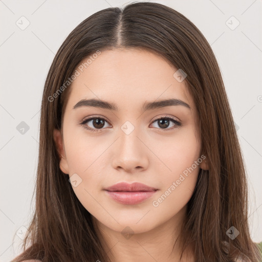 Neutral white young-adult female with long  brown hair and brown eyes