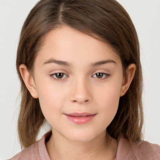 Joyful white child female with medium  brown hair and brown eyes