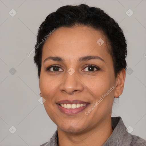 Joyful white young-adult female with short  black hair and brown eyes