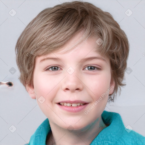 Joyful white child female with medium  brown hair and grey eyes