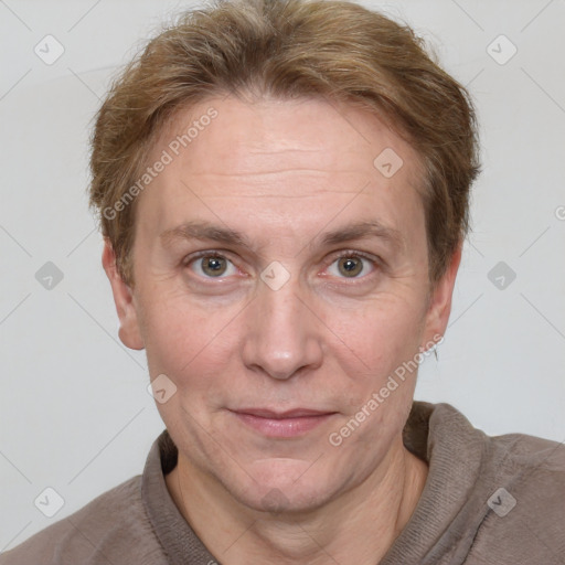 Joyful white adult male with short  brown hair and grey eyes