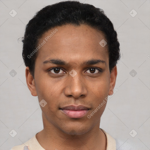 Neutral latino young-adult male with short  black hair and brown eyes