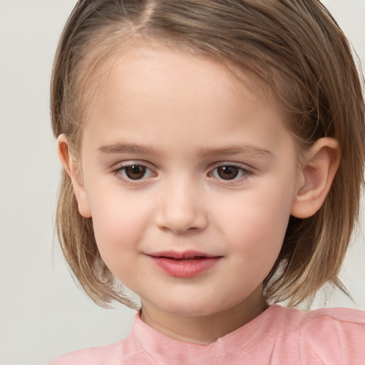 Joyful white child female with medium  brown hair and brown eyes