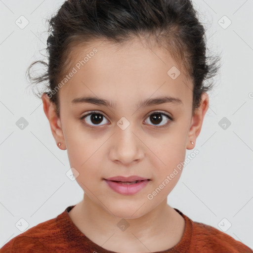 Joyful white child female with short  brown hair and brown eyes