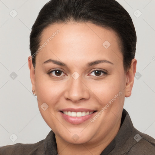 Joyful white young-adult female with short  brown hair and brown eyes