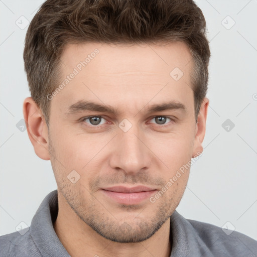 Neutral white young-adult male with short  brown hair and grey eyes