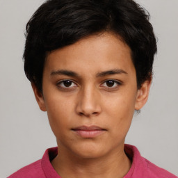 Neutral white young-adult female with short  brown hair and brown eyes