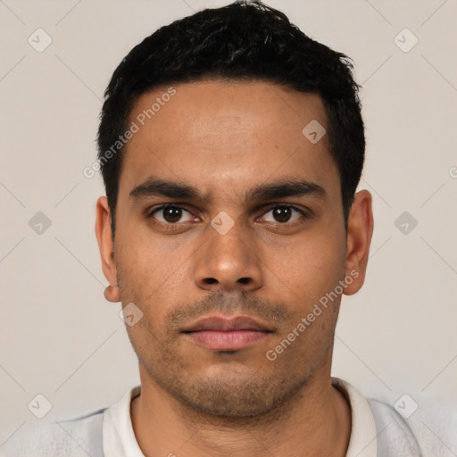 Neutral latino young-adult male with short  black hair and brown eyes