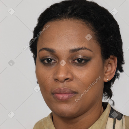 Neutral black young-adult female with short  black hair and brown eyes