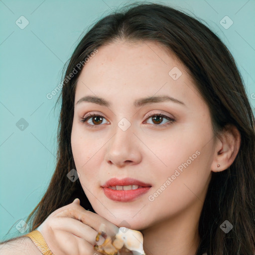 Neutral white young-adult female with long  brown hair and brown eyes