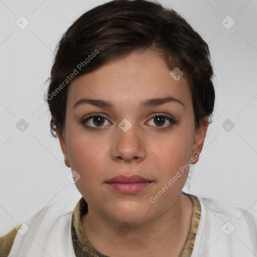 Neutral white young-adult female with short  brown hair and brown eyes