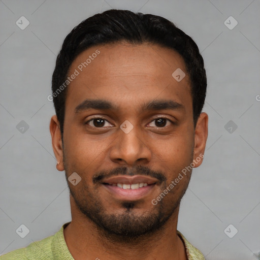 Joyful black young-adult male with short  black hair and brown eyes