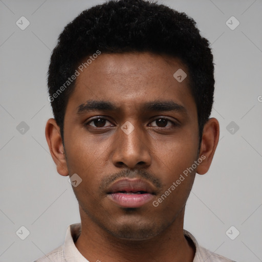 Neutral black young-adult male with short  black hair and brown eyes