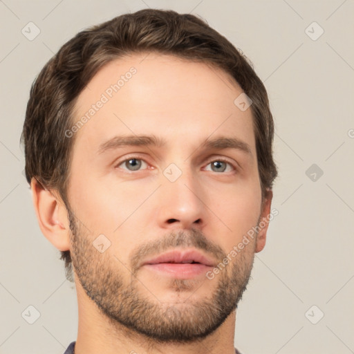 Neutral white young-adult male with short  brown hair and brown eyes