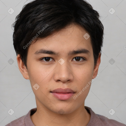 Neutral asian young-adult male with short  black hair and brown eyes