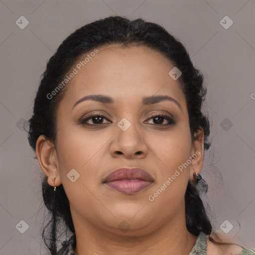 Joyful black young-adult female with long  brown hair and brown eyes