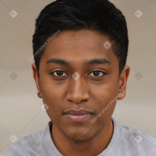 Joyful black young-adult male with short  black hair and brown eyes