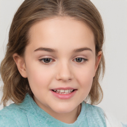 Joyful white child female with medium  brown hair and brown eyes