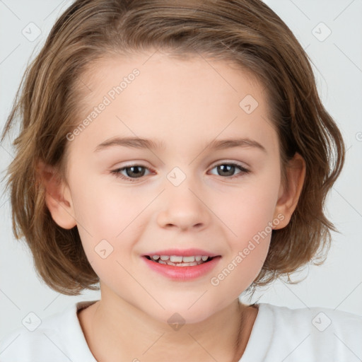 Joyful white child female with medium  brown hair and brown eyes