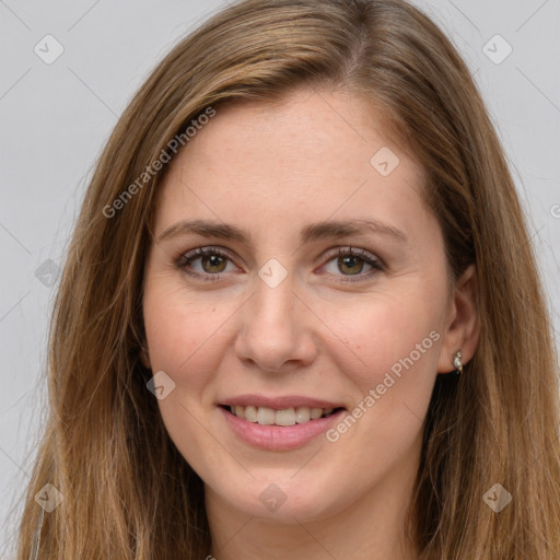 Joyful white young-adult female with long  brown hair and brown eyes