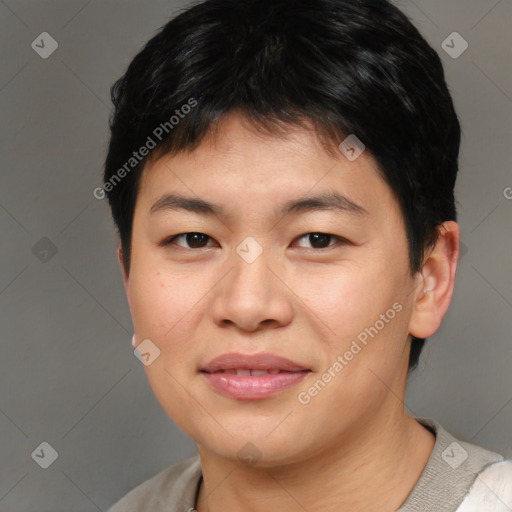 Joyful asian young-adult female with short  brown hair and brown eyes