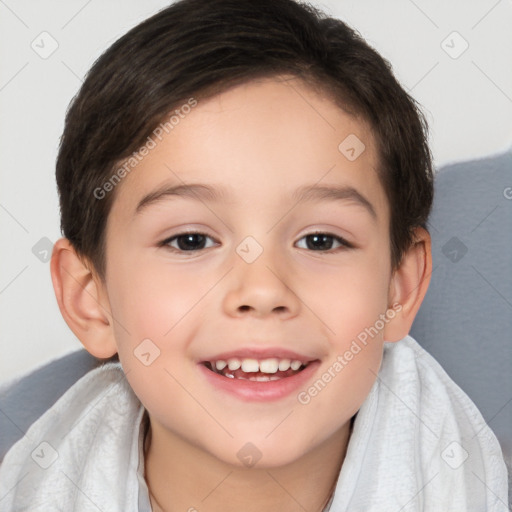 Joyful white child female with short  brown hair and brown eyes