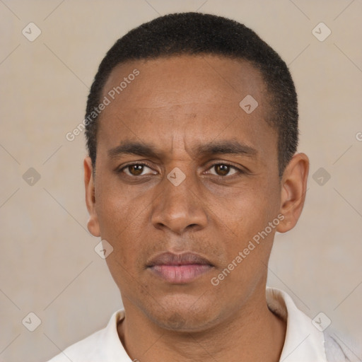 Neutral latino adult male with short  black hair and brown eyes