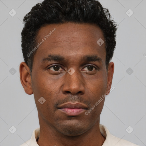 Neutral black young-adult male with short  black hair and brown eyes