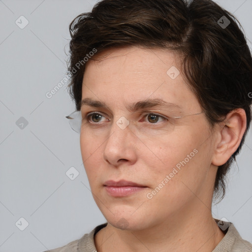 Neutral white adult female with medium  brown hair and brown eyes