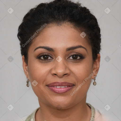 Joyful latino young-adult female with short  brown hair and brown eyes