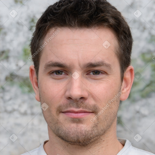 Neutral white young-adult male with short  brown hair and brown eyes