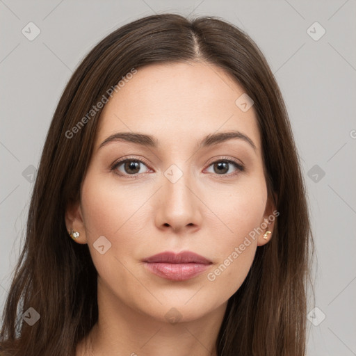 Neutral white young-adult female with long  brown hair and brown eyes