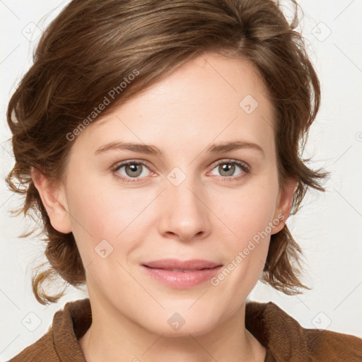 Joyful white young-adult female with medium  brown hair and green eyes