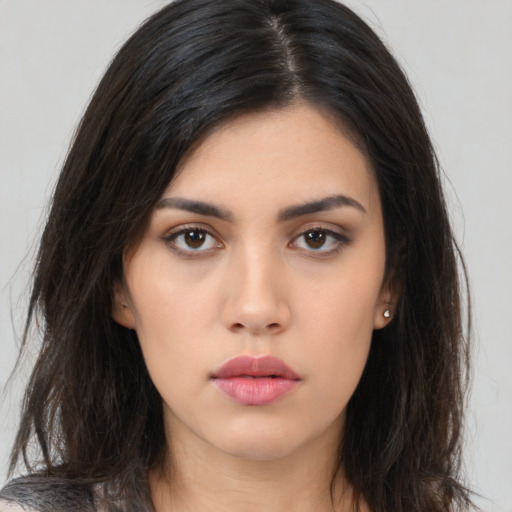 Neutral asian young-adult female with long  black hair and brown eyes