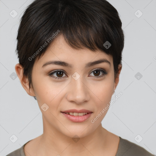 Joyful asian young-adult female with short  brown hair and brown eyes