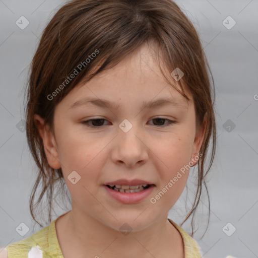 Joyful white child female with medium  brown hair and brown eyes