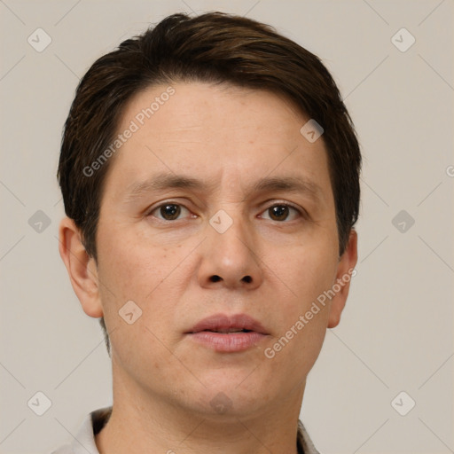 Neutral white adult male with short  brown hair and brown eyes