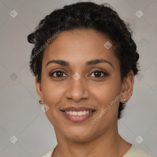 Joyful latino young-adult female with short  brown hair and brown eyes