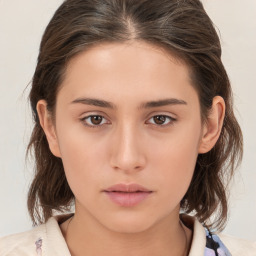 Neutral white young-adult female with medium  brown hair and brown eyes