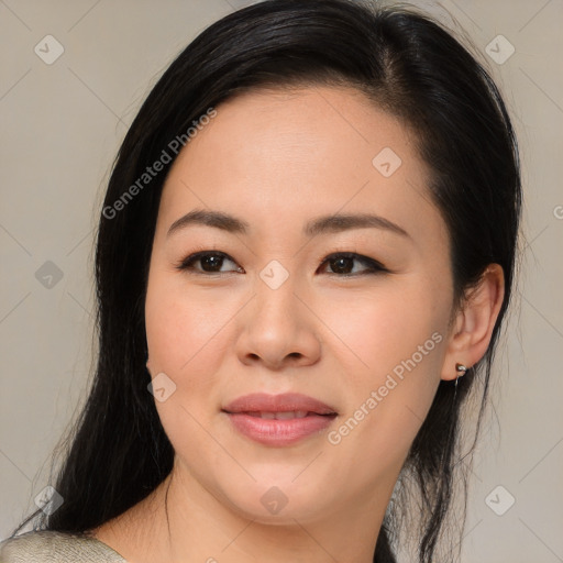 Joyful asian young-adult female with medium  black hair and brown eyes